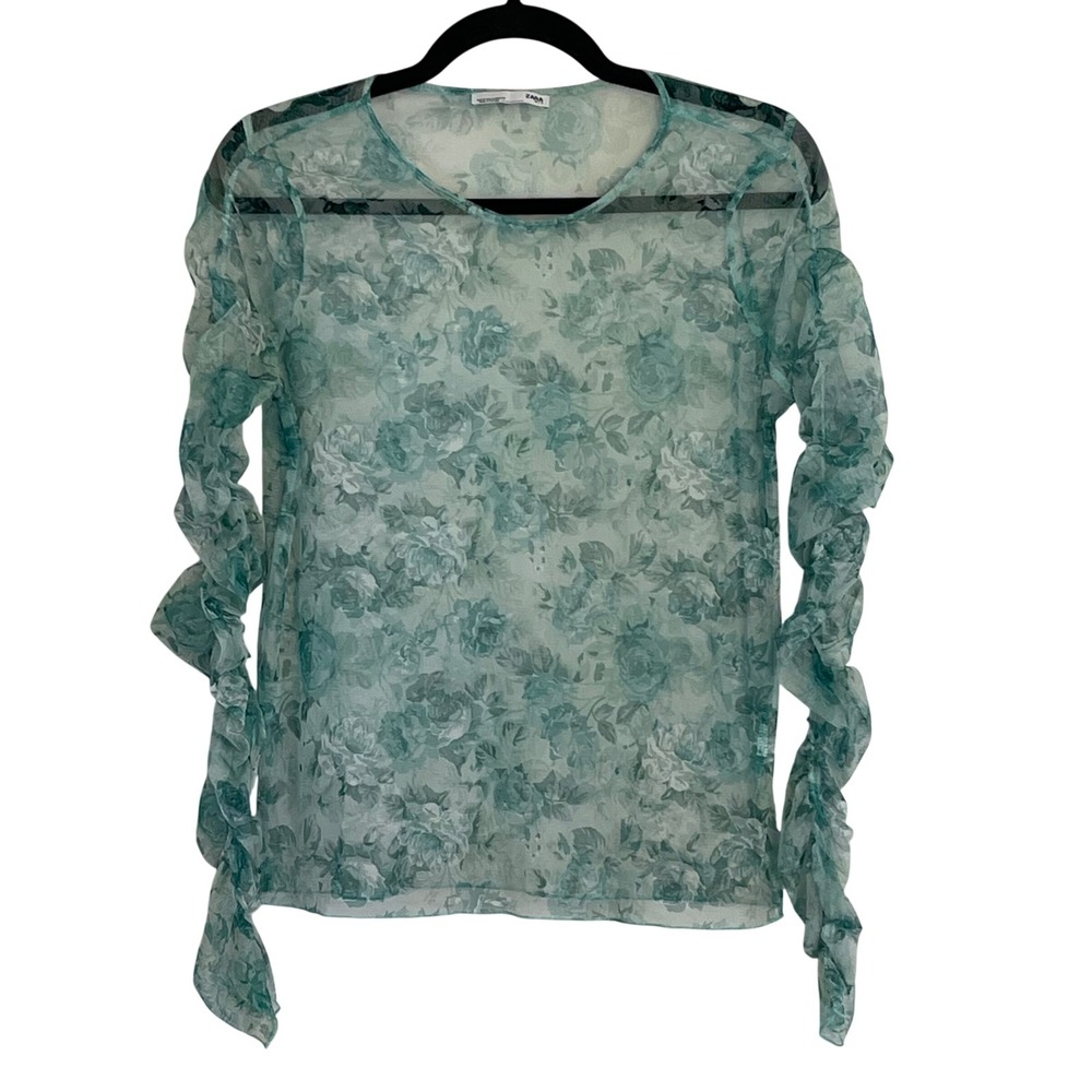 Zara Green Floral Rose Mesh Sheer Ruched Sleeve Top Womens Medium M